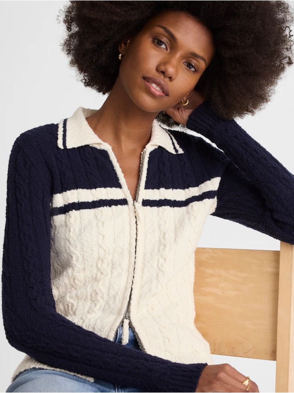 NWT Madewell Cable-Knit Two-Way Zip Cardigan Navy Ivory Preppy S